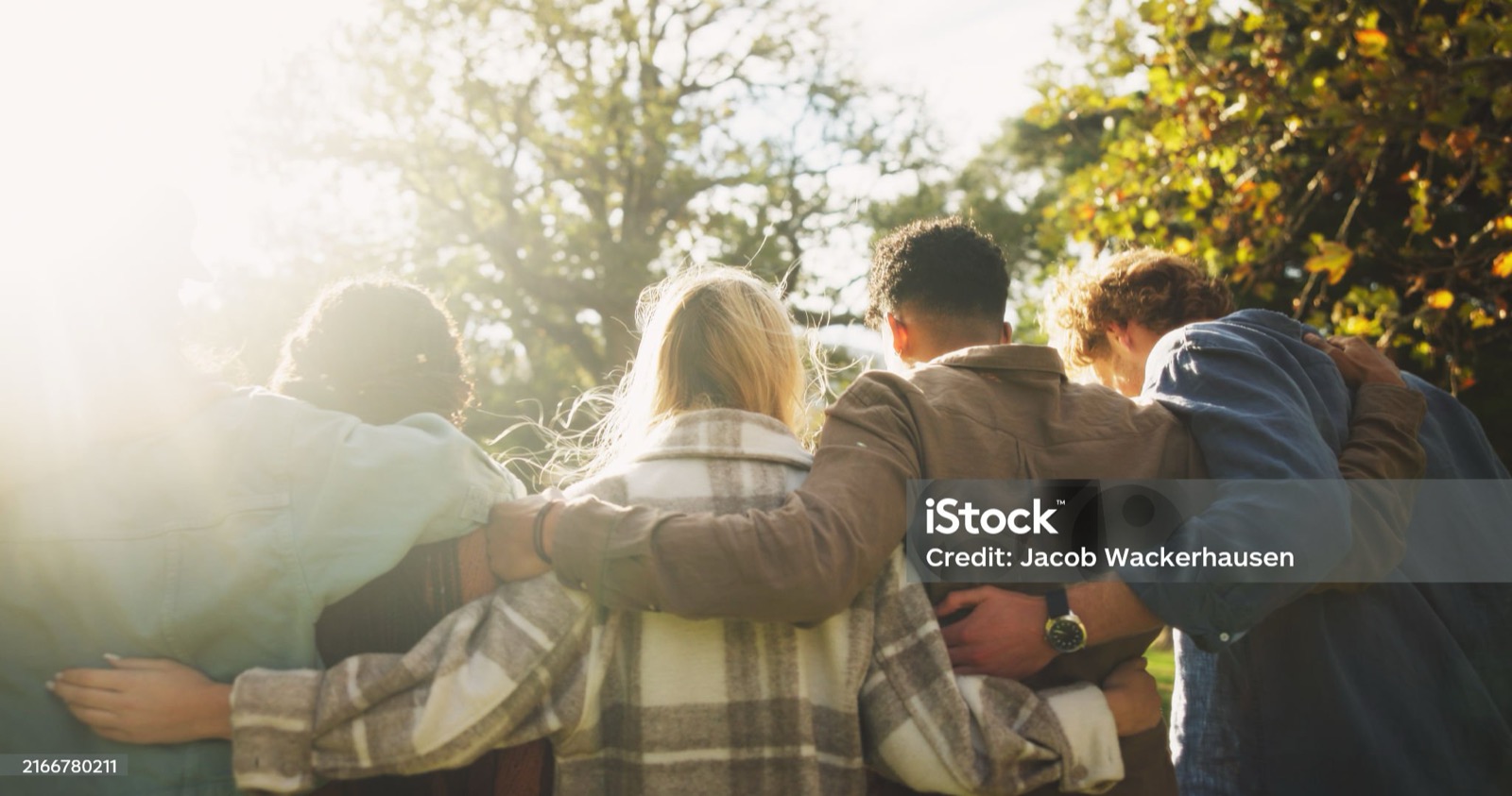 Young friends with arms around each other, outdoors